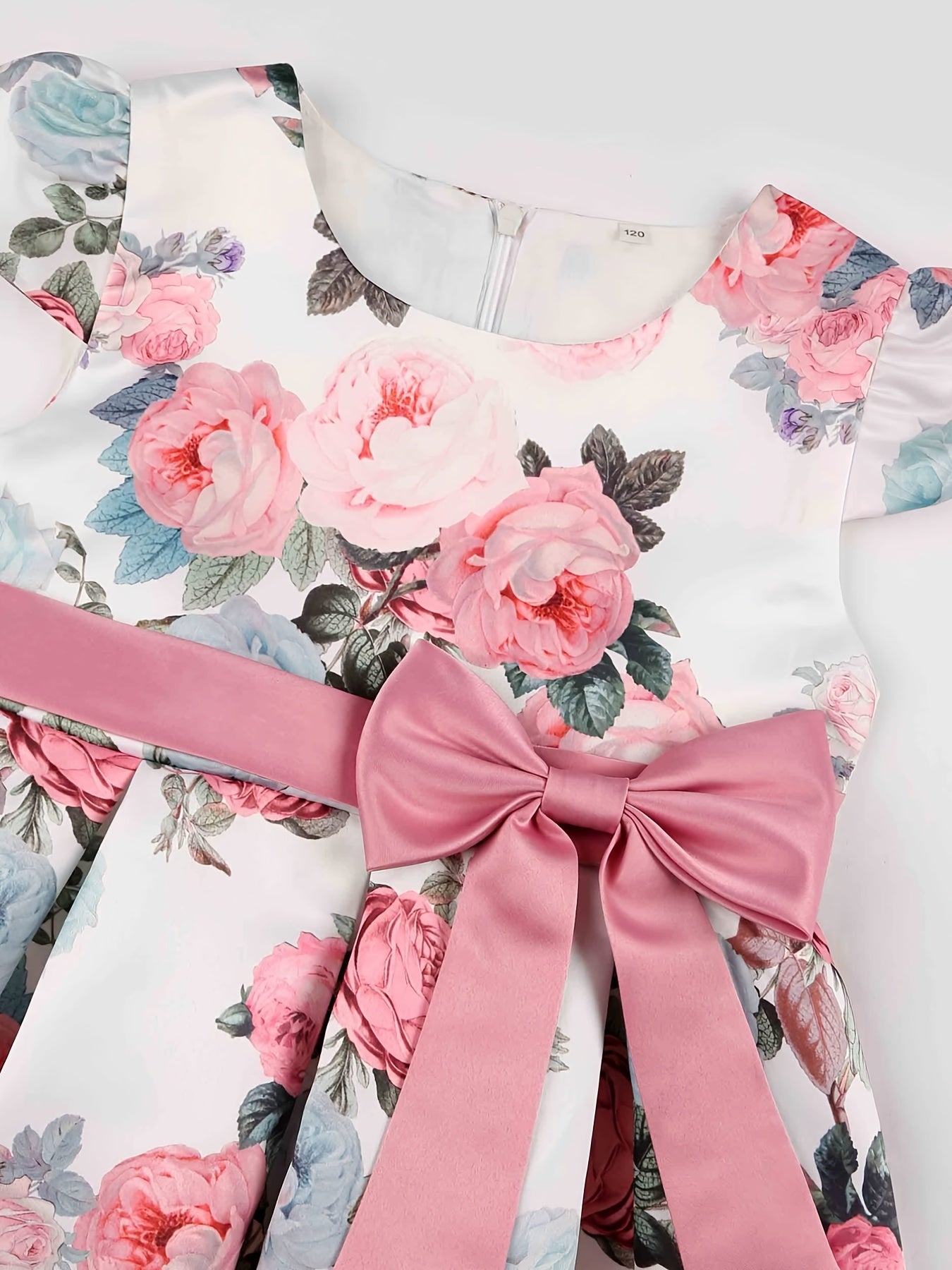 Girls Floral Print Midi Dress with Bowknot and Lace-up Details for Elegant Kids