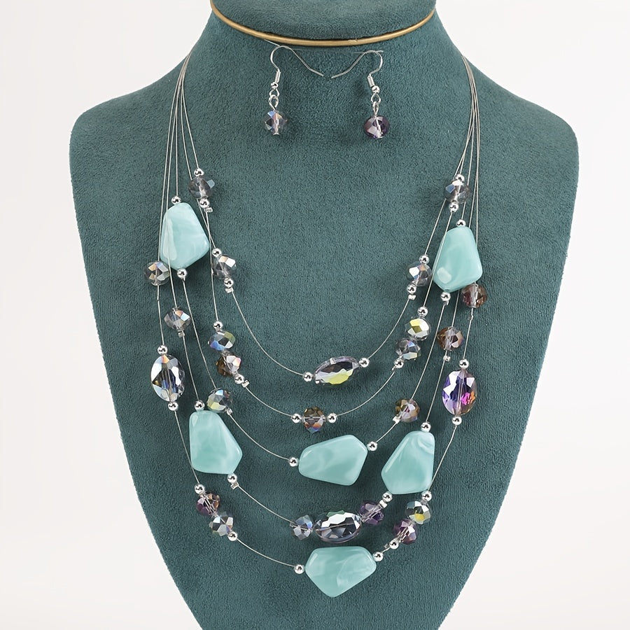 Boho Punk Jewelry Set Geometric Resin Beaded Necklace and Earrings for Women