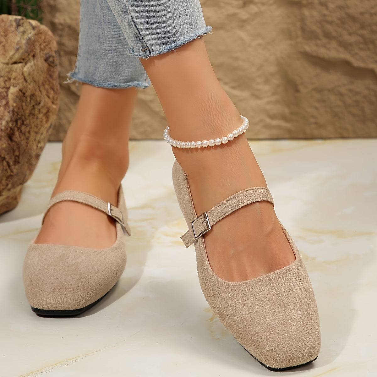 Women's Flat Shoes with Square Toe Buckle Strap Solid Color Spring Comfort