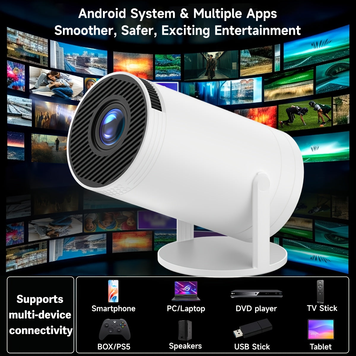Mini Smart Projector WiFi6 Wireless 5.2 1080P Rotation HDMI Android