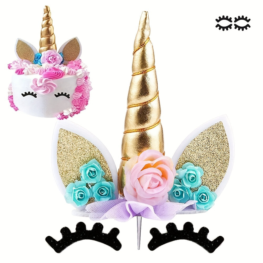 Unicorn Cake Topper Set with Gold Horn and Eyelashes for Birthday Cakes