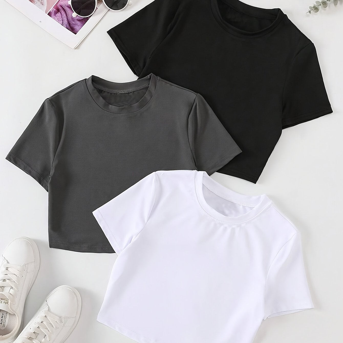 Women's Slim Fit Crop Tops Pack of 3 Short Sleeve Solid Color Polyester Casual