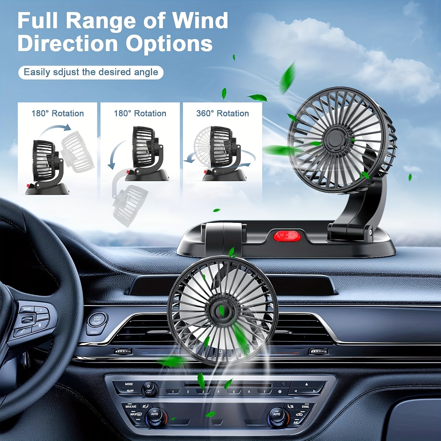 Dual Head USB Car Fan with 360° Adjustable Design, 2 Speeds, Foldable Portable