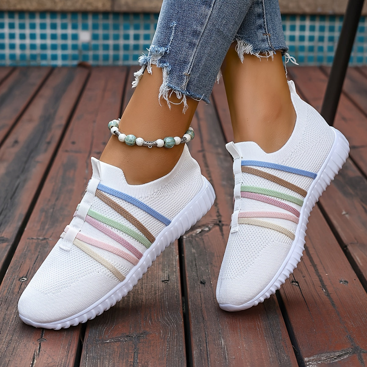 Women Casual Slip-On Sneakers White Fabric Low Top All-Season Comfort