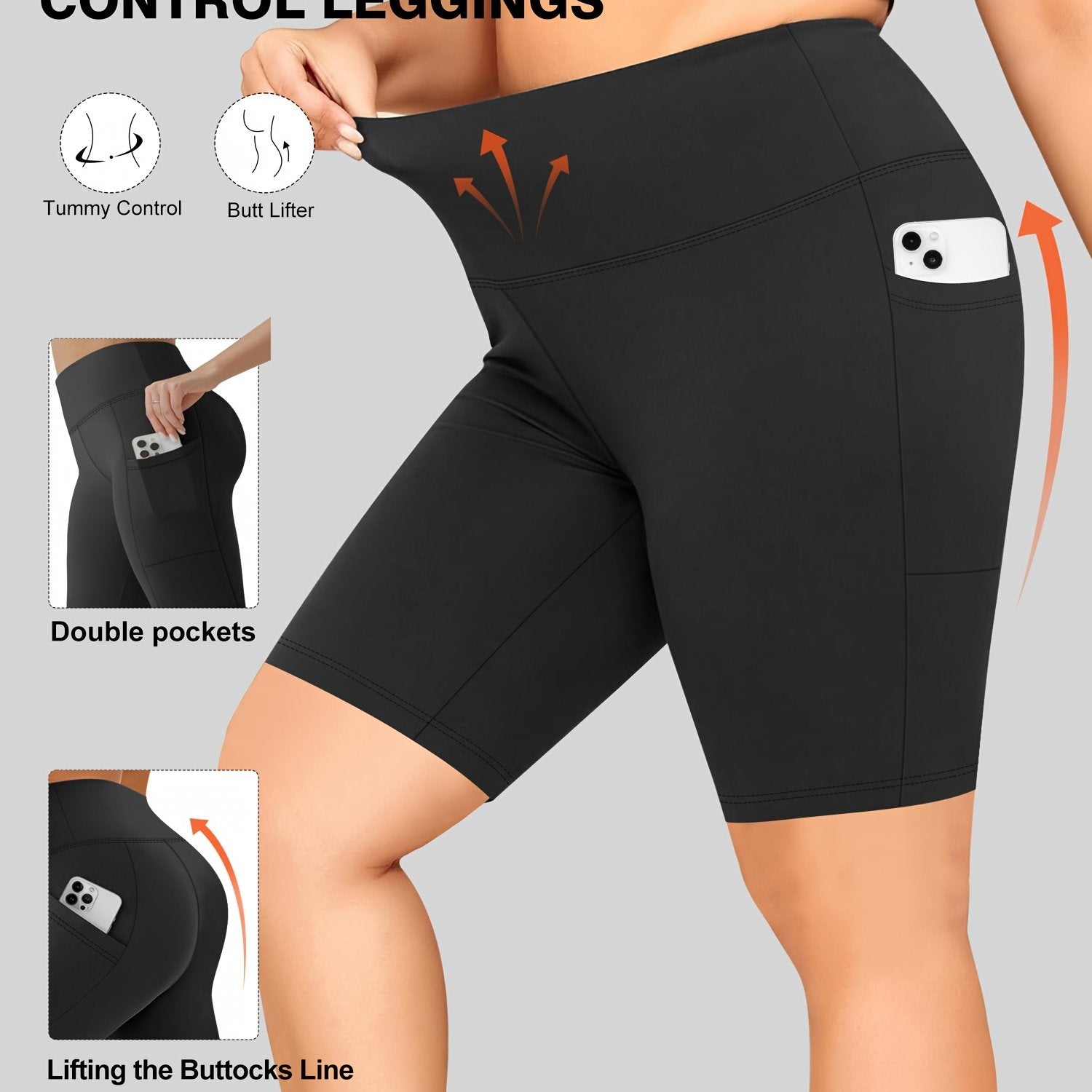 Women's Plus Size High Waist Shorts With Pockets Athletic Compression Black
