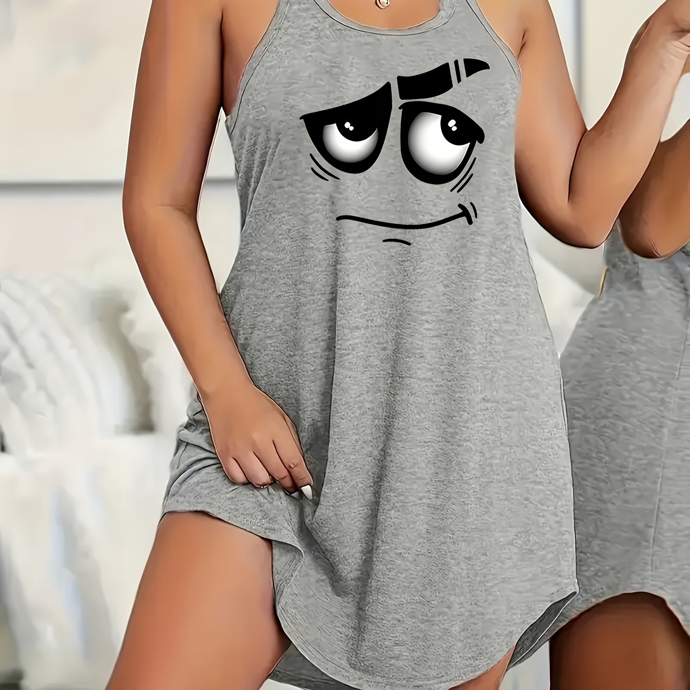 Plus Size Women's Sleepwear Nightgown Blue Face Print Casual Stretchy Sleep Dress