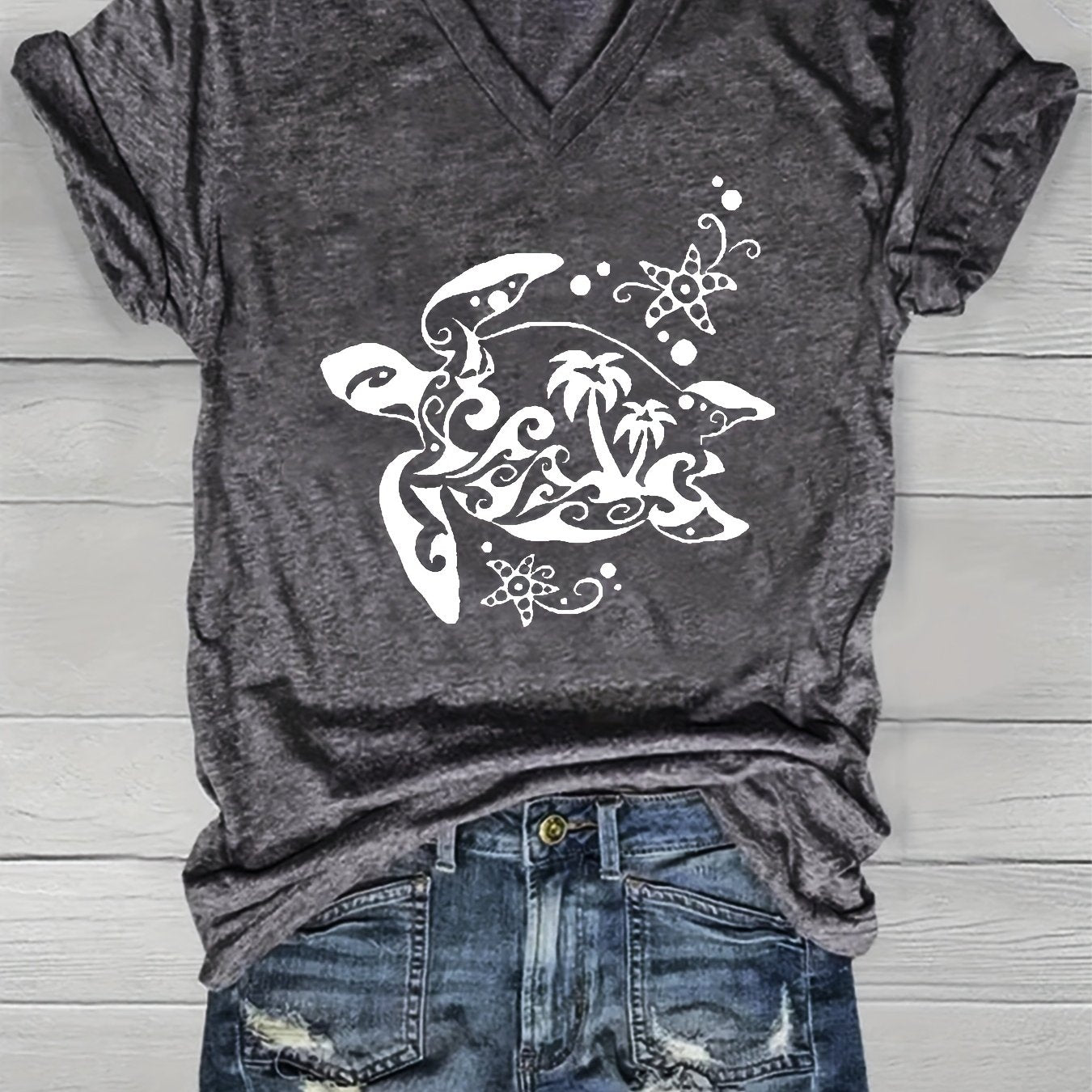 Women's V-Neck Short Sleeve T-Shirt Lightweight Polyester Summer Teal Geometric