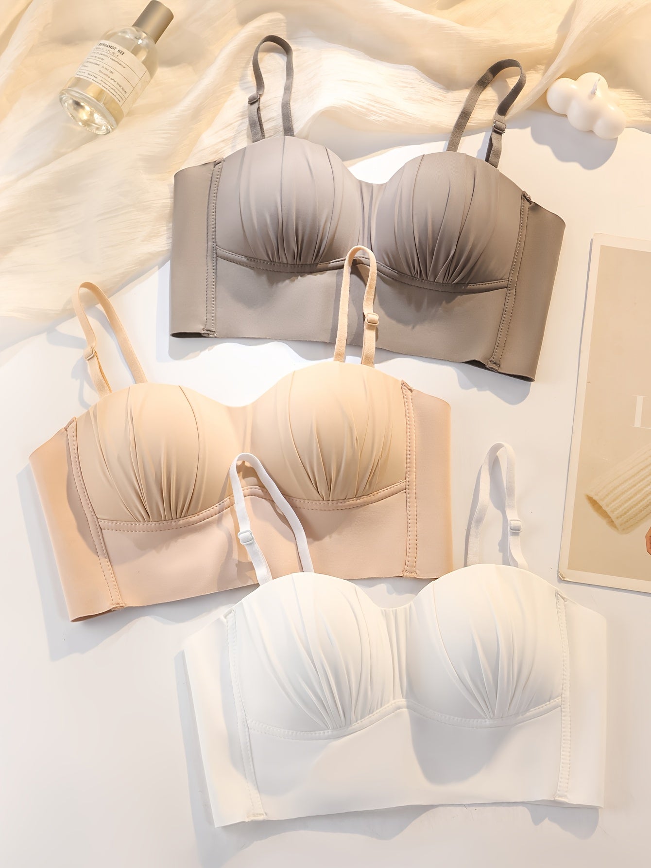 3-to'plamli uzluksiz simsiz ko'ylaklar, ayollar uchun o'rta qo'llab-quvvatlash, naylon to'qilgan, bir rangli, strapless bandeau