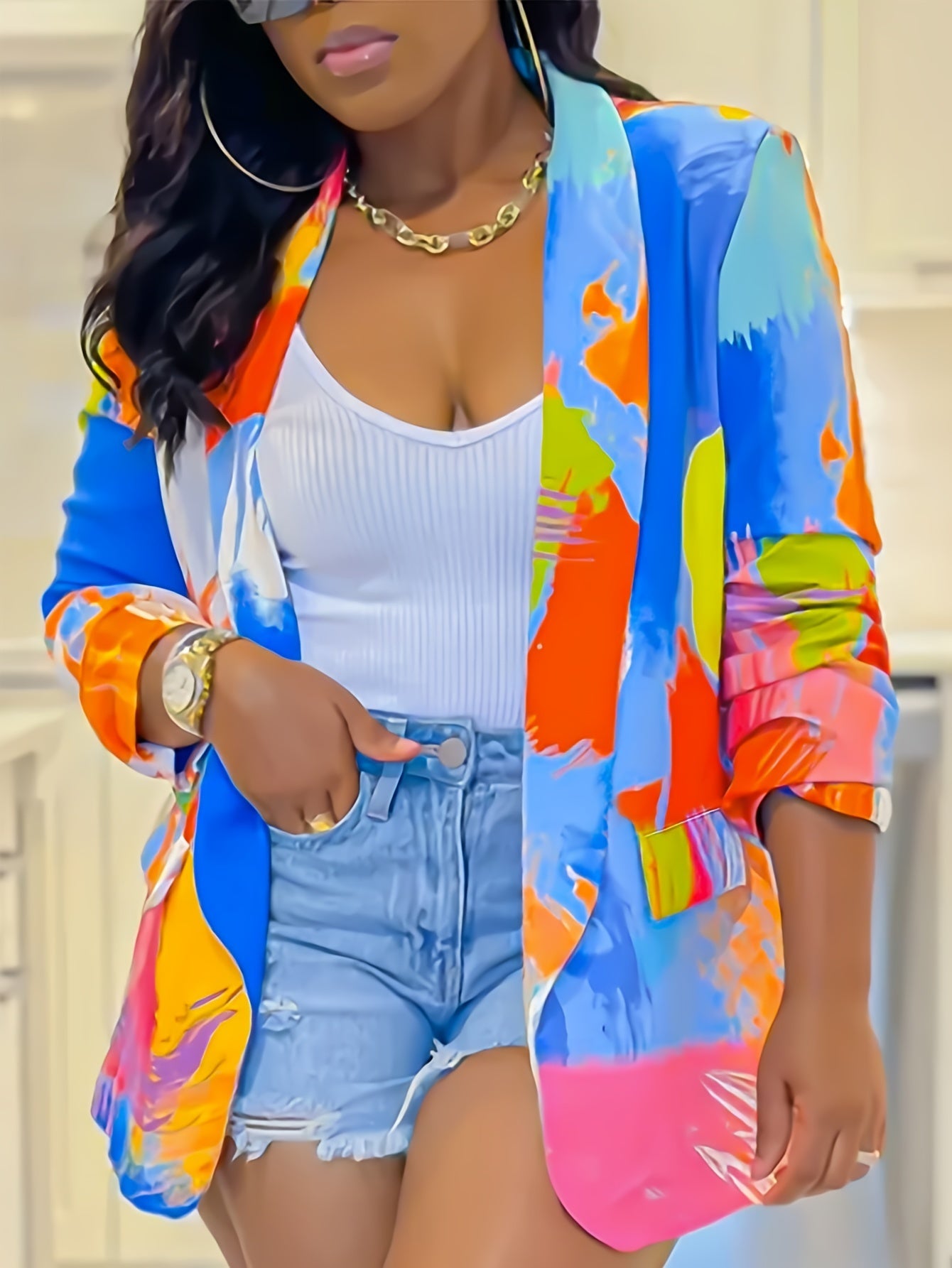 Plus Size Tie-Dye Blazer for Women Lightweight Polyester Casual Fall Winter