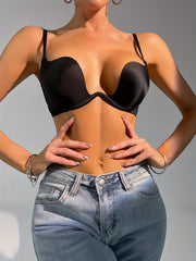 Элегантный черный бюстгальтер с глубоким V-образным вырезом, толстой мягкой поддержкой, несъемными подушечками, смесью нейлона и спандекса, можно стирать вручную. Идеально подходит для стильного, поддерживающего и формирующего образа. Включает