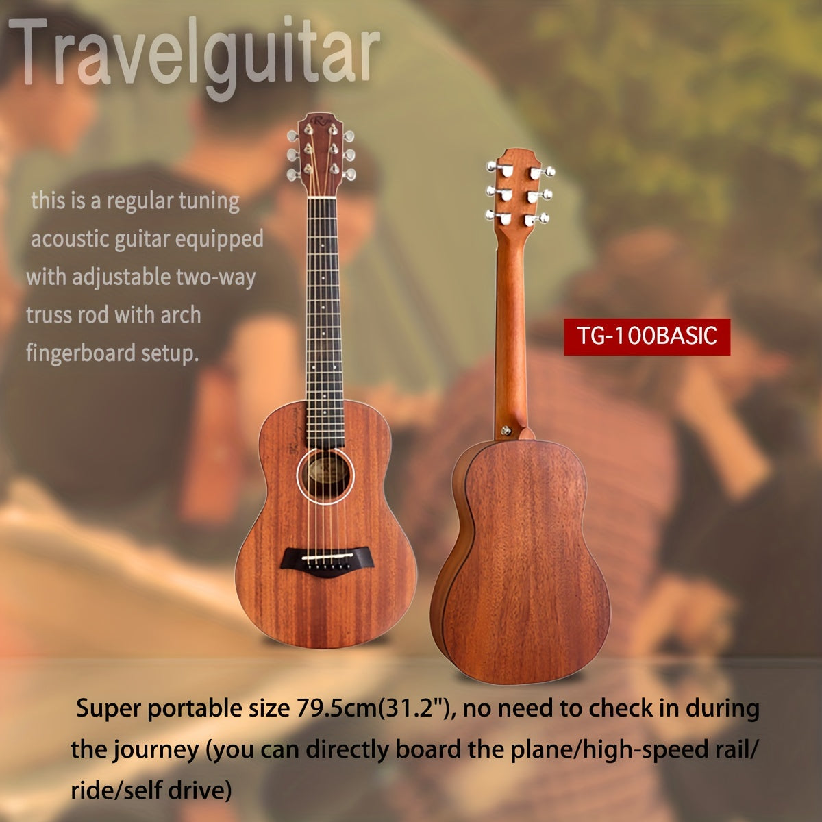 Travel Acoustic Guitar 76.2cm Sapele Back and Sides Rosewood Neck for Beginners and Family Use
