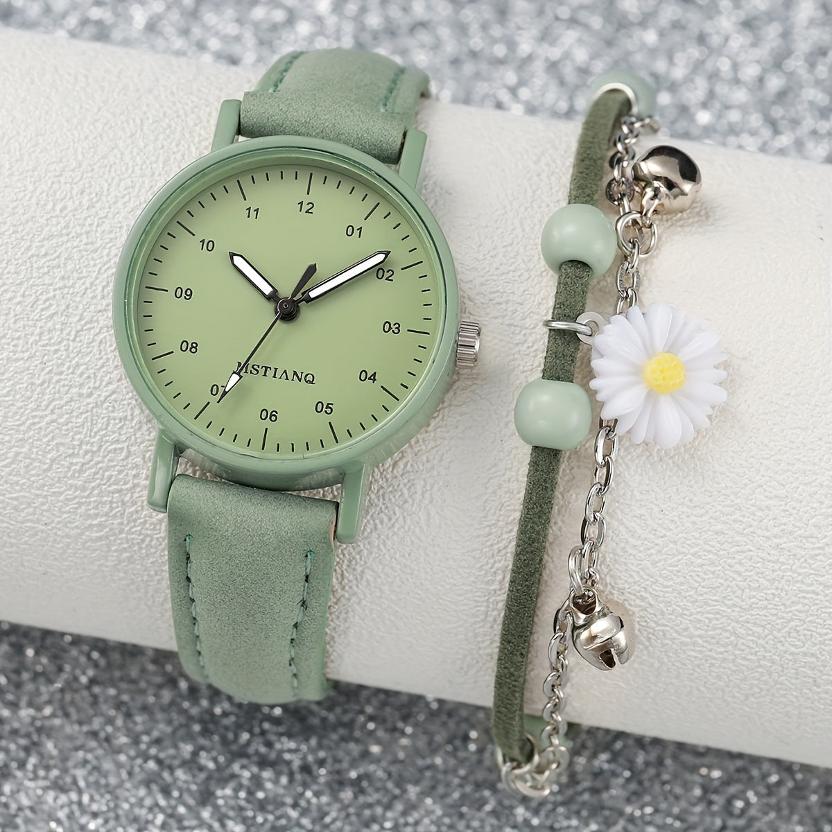 Women's Quartz Watch with Green Dial and Faux Leather Strap with Matching Bracelet