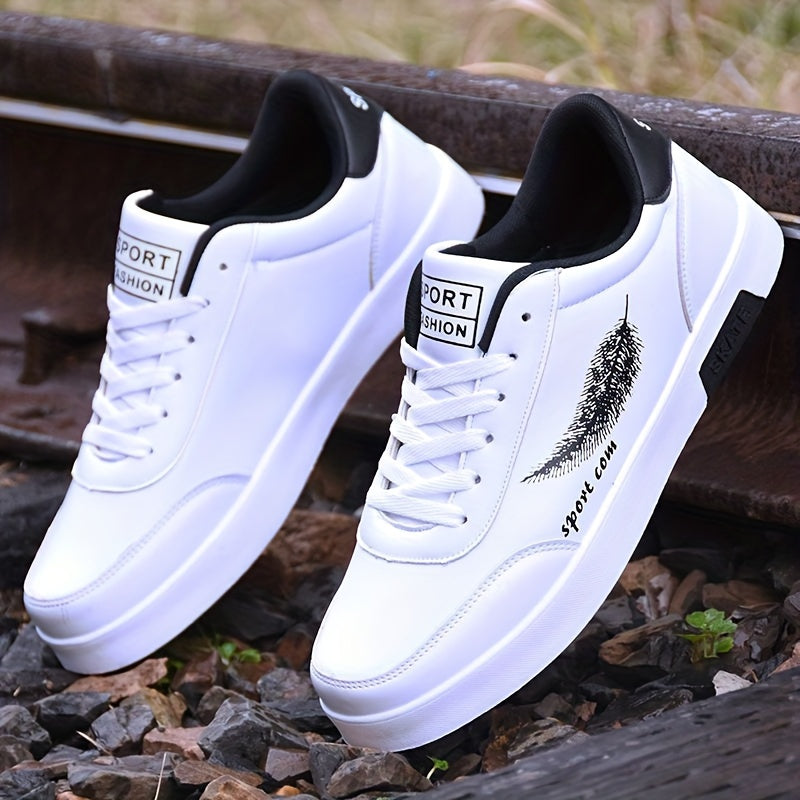 Men's White Sneakers Feather Design Non-slip Lace-up Casual Walking Jogging Travel
