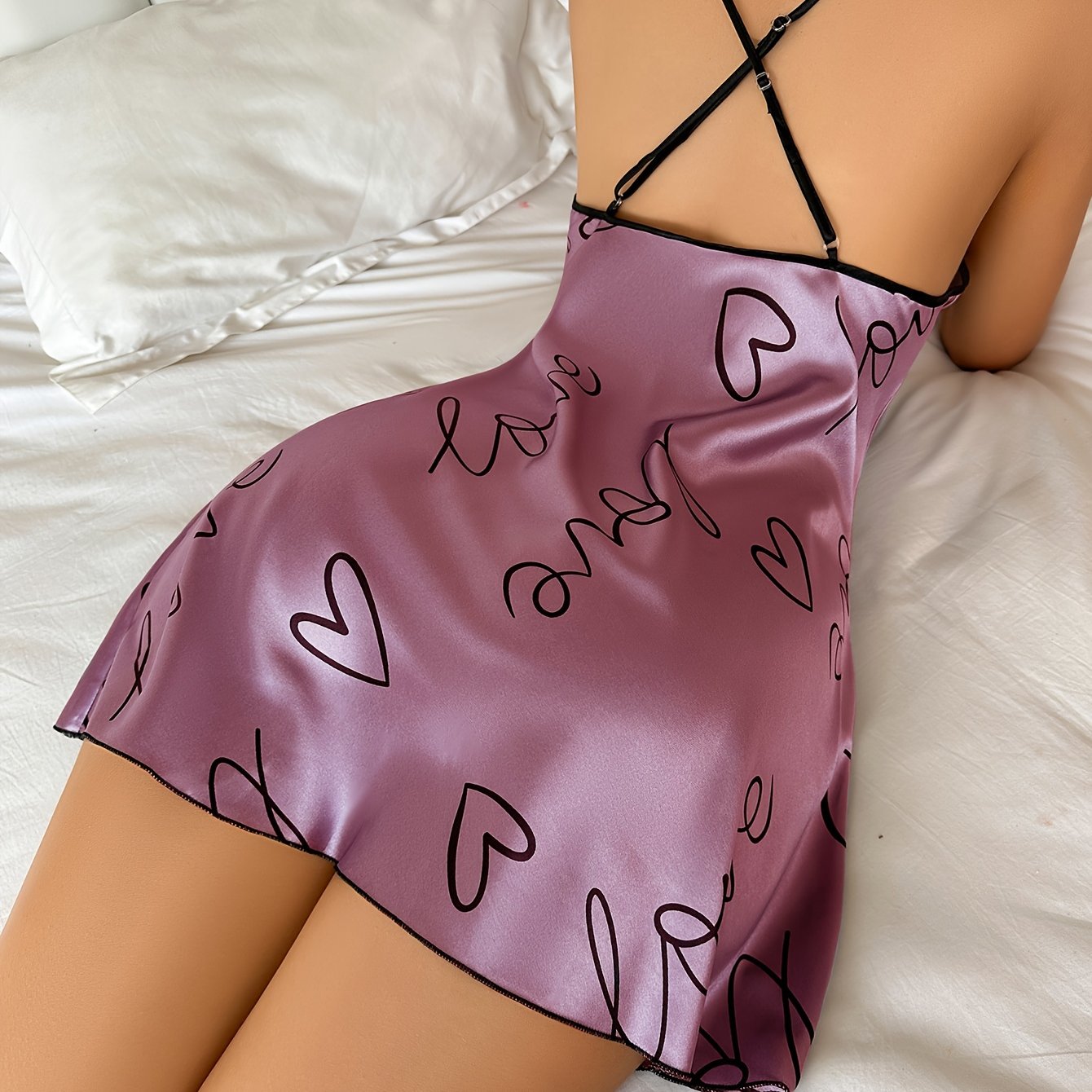 Satin Nightdress for Women Heart Letter Print Backless Crew Neck Casual Sleepwear