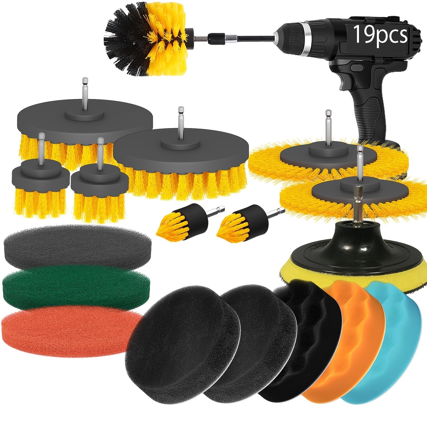 Juego de 19 accesorios de cepillos para taladro para limpiar vehículos y hogar con almohadillas de lijado