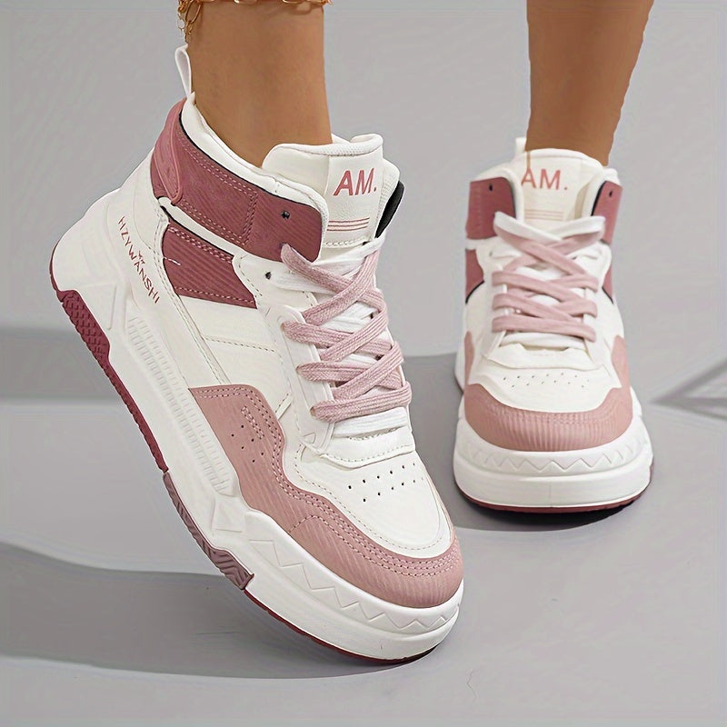 Women's White High-Top Sneakers, Fashionable Skateboarding Shoes