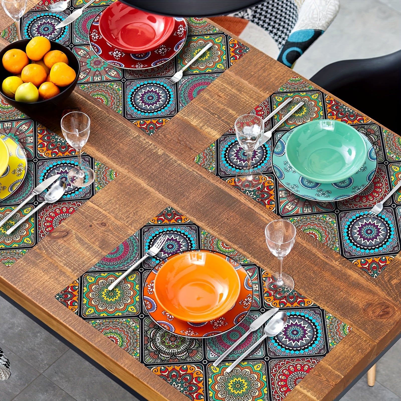 Set of 4 Boho Mandala Placemats with Mexican Ethnic Patterns and Geometric Designs