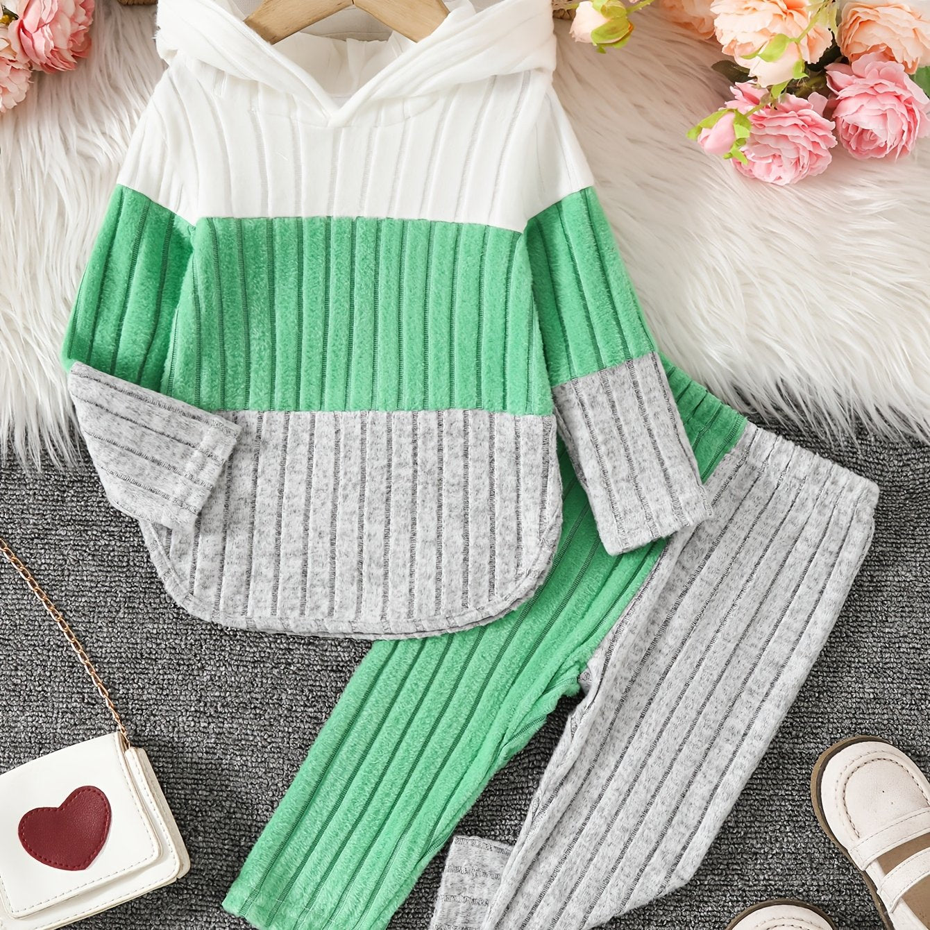 Girls' Hoodie and Pants Set in Blue and Gray with Long Sleeves and Stretchy Polyester Blend for Autumn and Winter