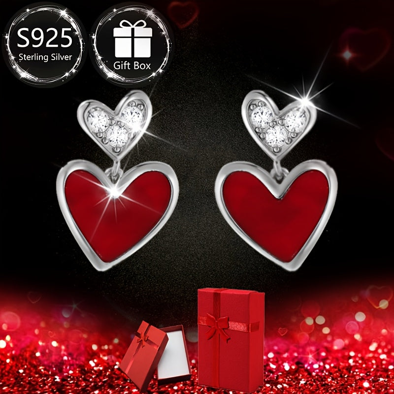 Sterling Silver Heart Earrings with Synthetic Zirconia for Women