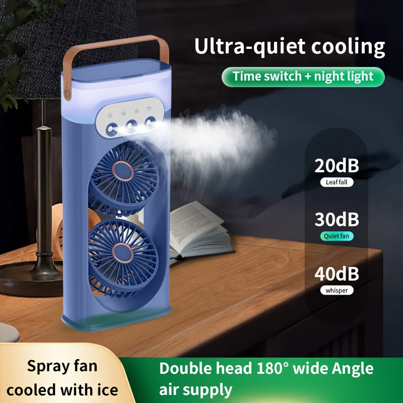 Portable Table Fan with Dual USB Fans and Humidifying Mist, Quiet Indoor Outdoor