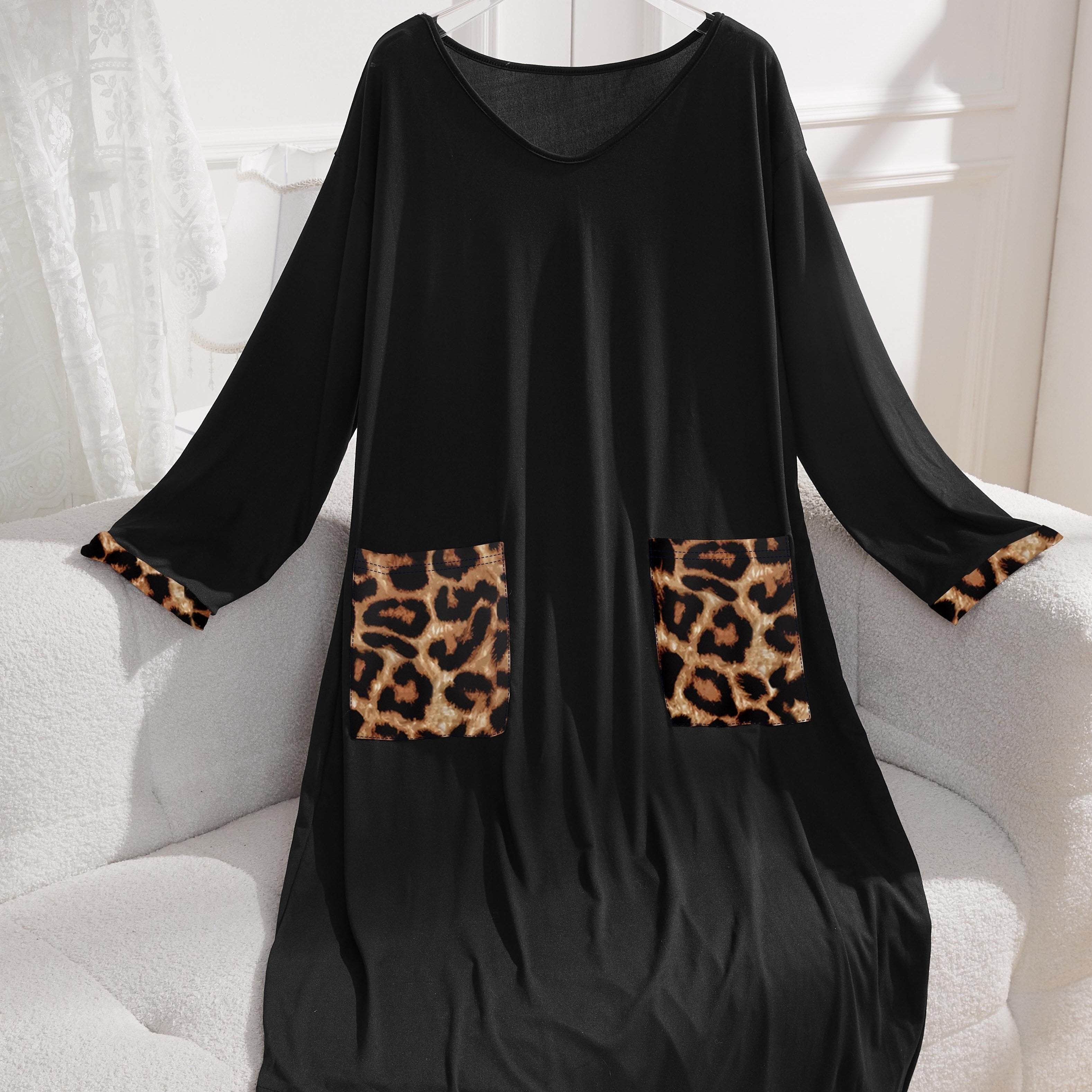 Women's Leopard Print Night Dress Long Sleeve Knit Pullover
