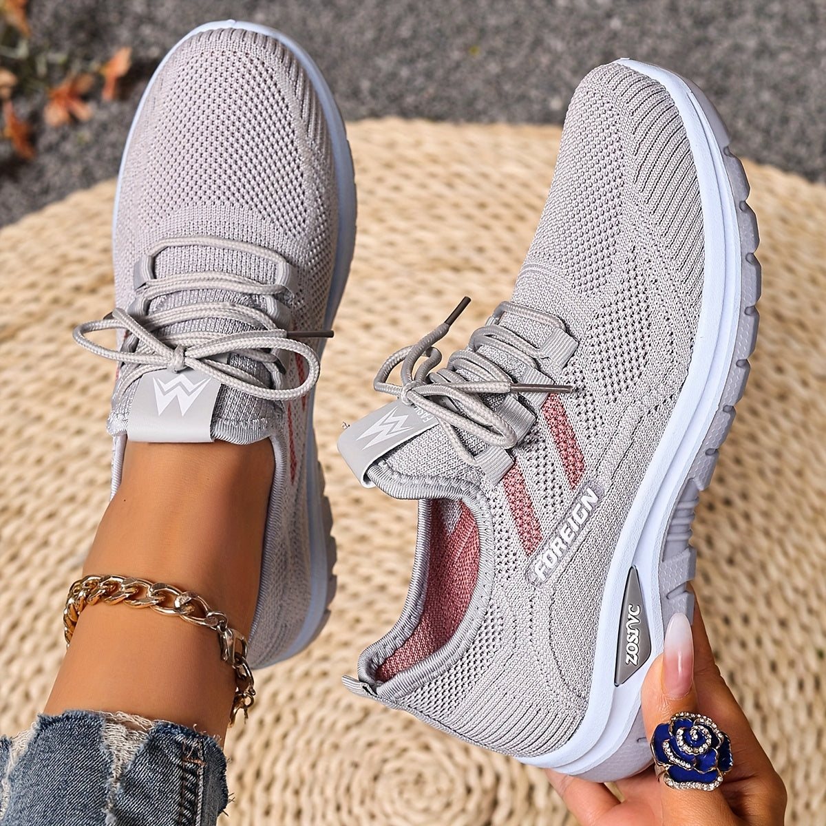 Women Plus Size Breathable Mesh Sneakers Lightweight Running Shoes White Pink