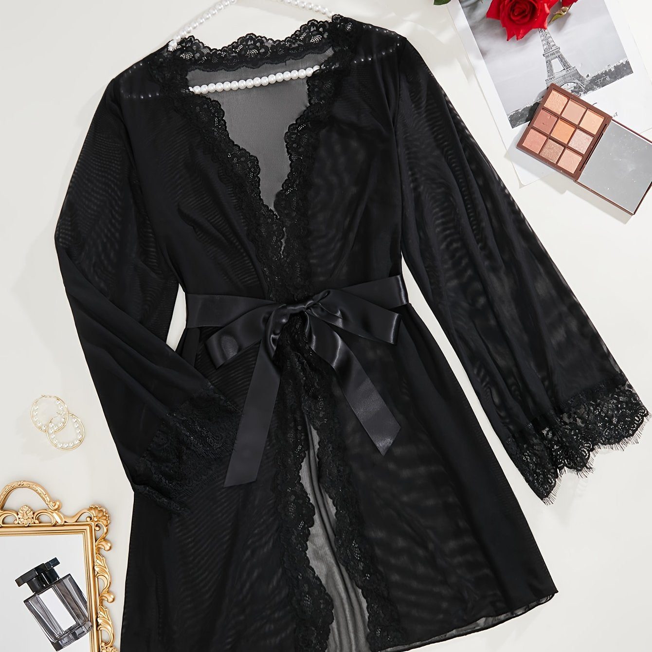 Black Mesh Lingerie Robe with Lace and Satin Belt for Nightwear