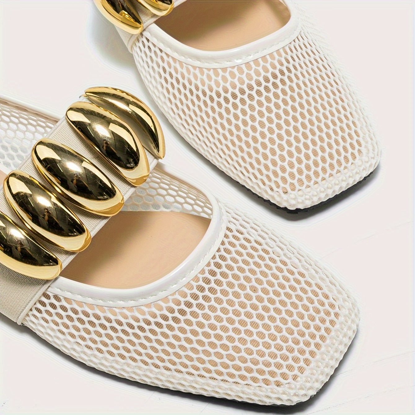 Women Mesh Flats Slip-Ons with Square Toe Crystal Embellishments