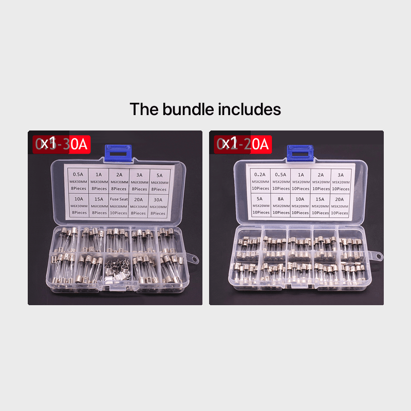 72Pcs Assorted Glass Tube Fuse Kit 0.2A–30A, 5x20mm & 6x30mm