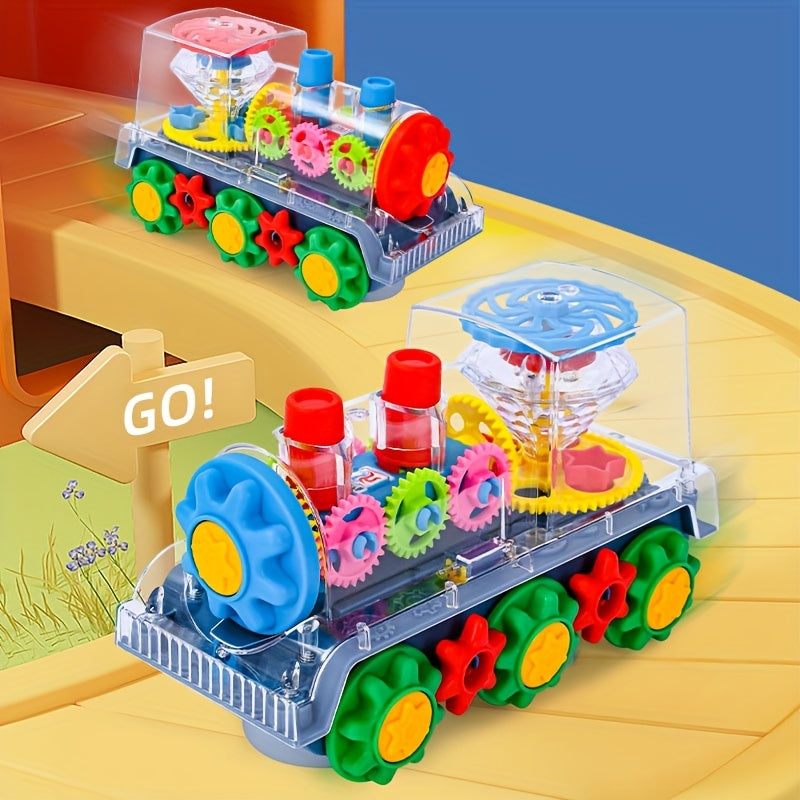 Interactive Red Plastic Toy Train with Lights Music Gear Linkage Rotating Station
