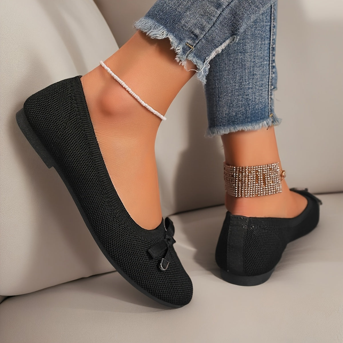 Women’s Casual Ballet Flats Soft Knit Fabric Round Toe Slip-Ons