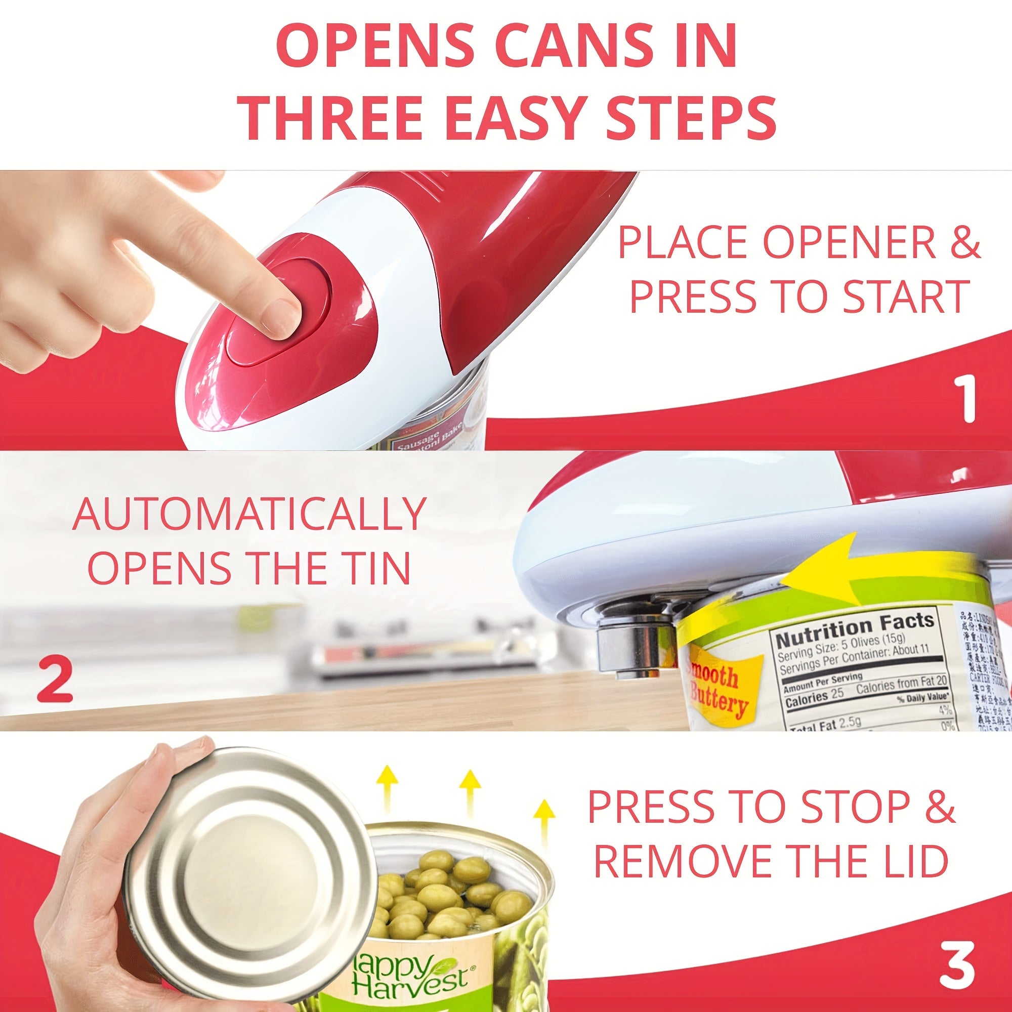 Abrelatas eléctrico para personas mayores con artritis, operado por batería, gadget de cocina con borde suave