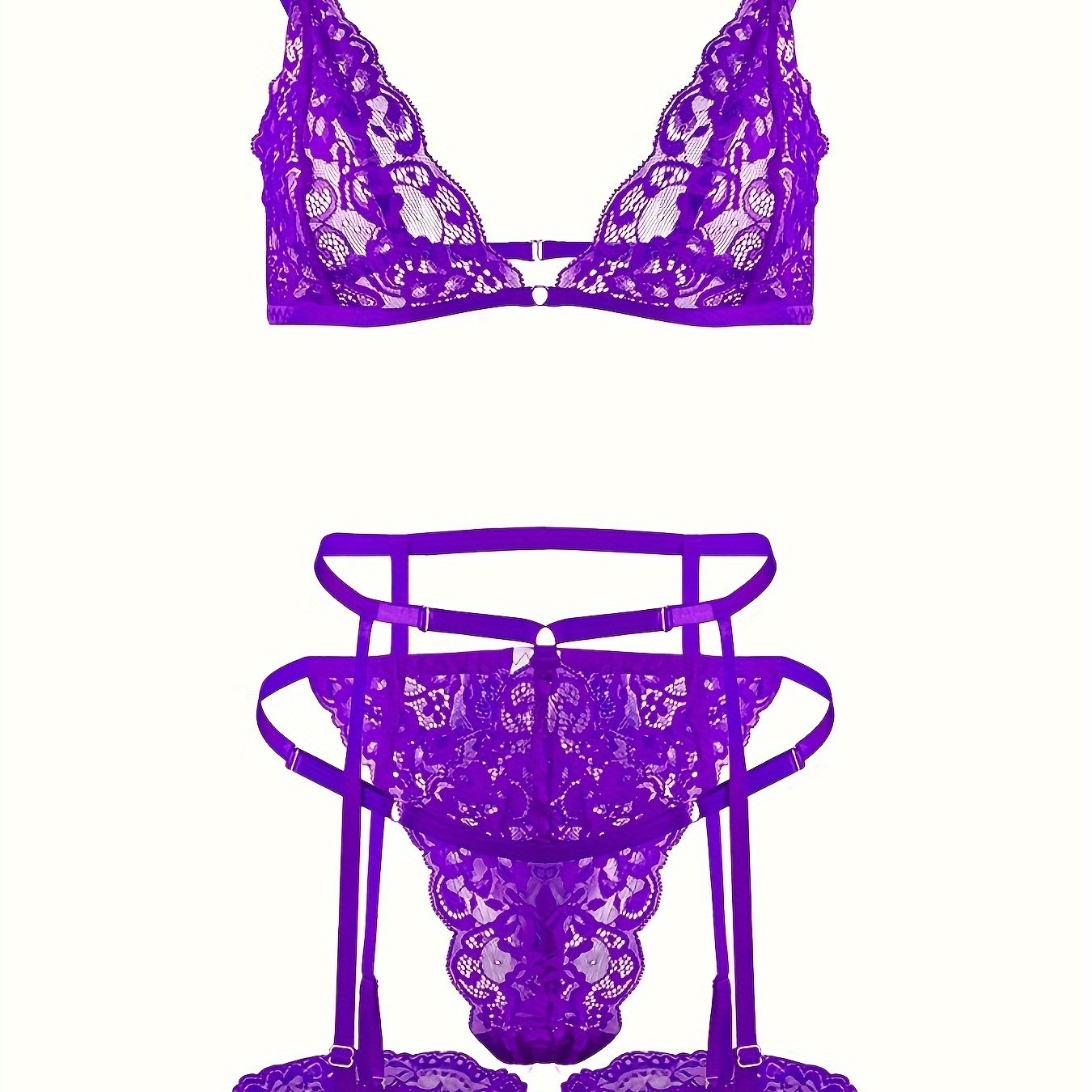 Sexy Lingerie Set with Lace Triangle Cup Bra, Panties, Suspender Socks, and Seduction Ring
