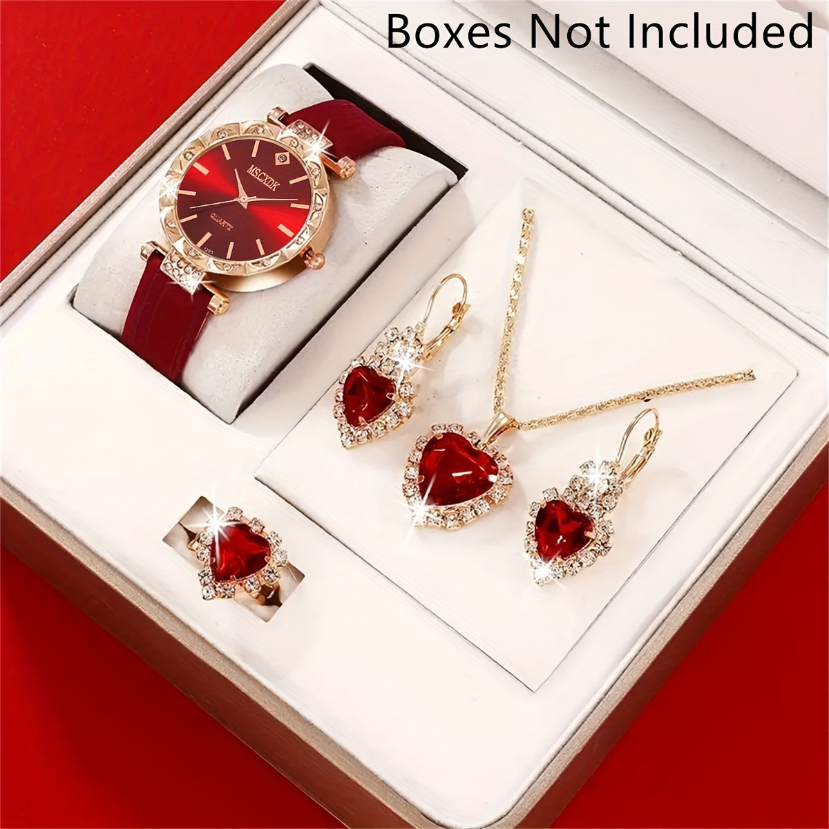 Ladies' Quartz Watch with Red Strap and Jewelry Set Including Necklace Earrings Ring