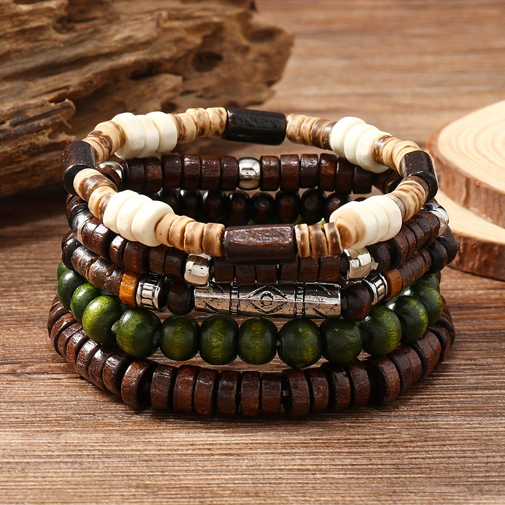 Set of 10 Bohemian Style Wooden Beaded Bracelets for Men Women Couple Gift