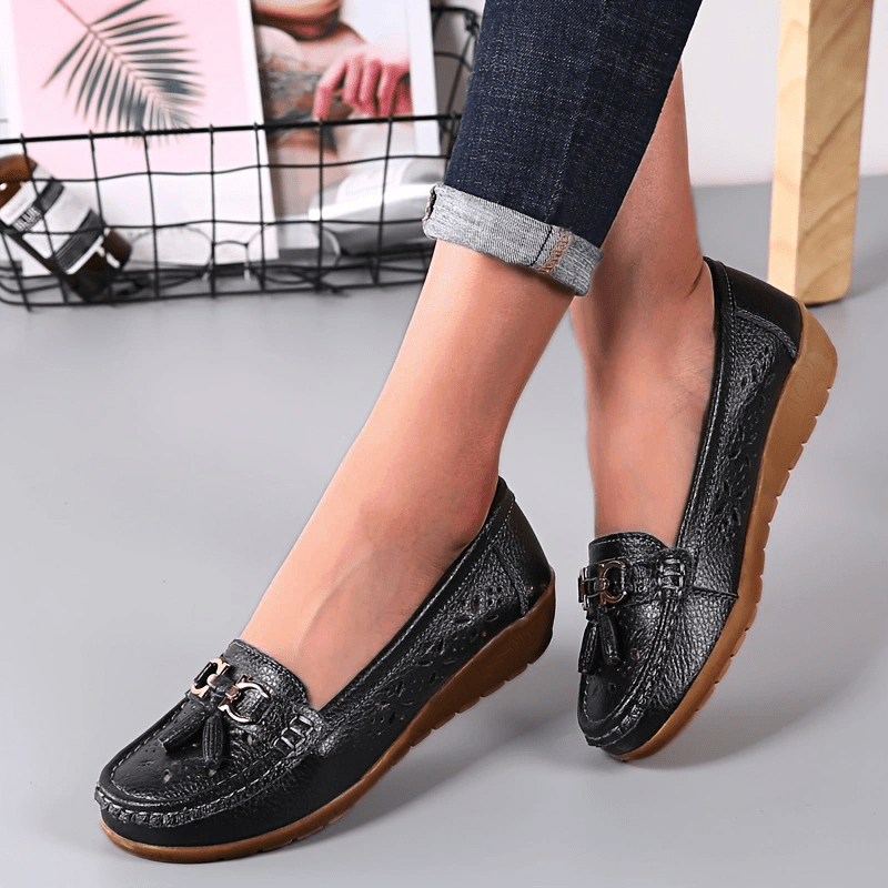 Women's Embroidery Loafers with Metal Tassel Hollow Out Soft Platform Shoes