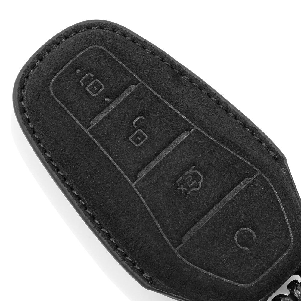 Car Key Fob Cover Black Leather Braided Leash Button Labels for Vehicle