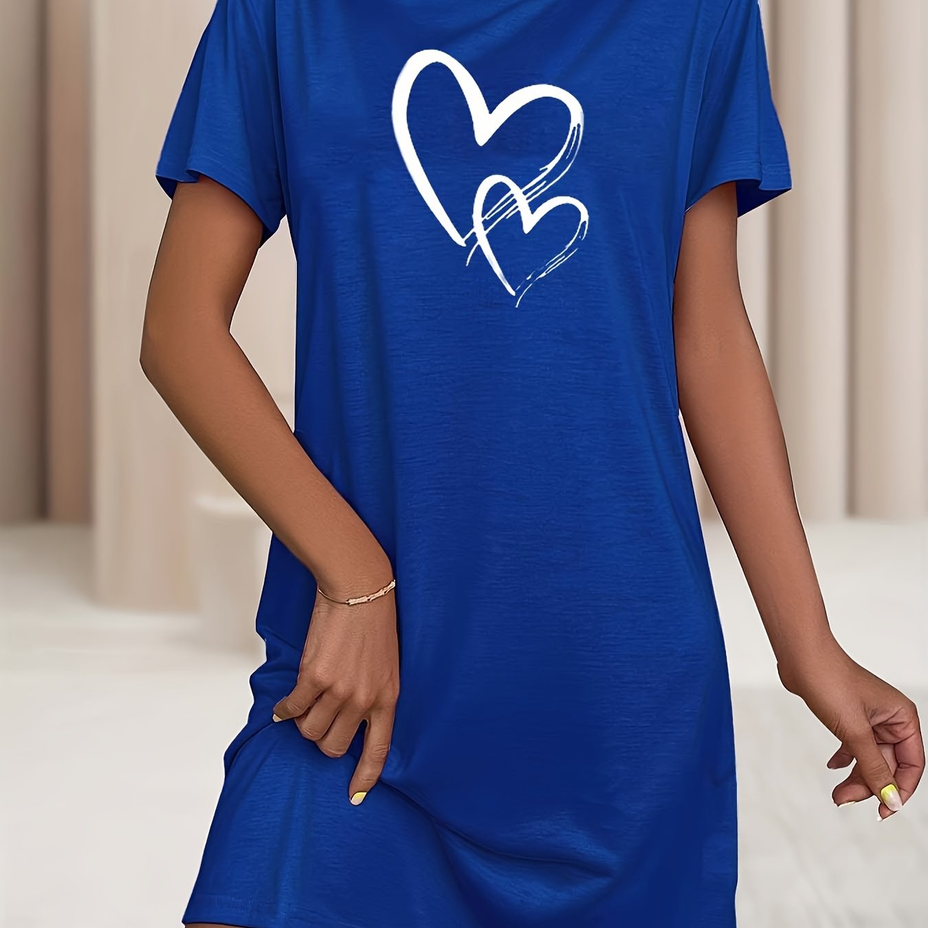 Women's Plus Size Heart Print Sleep Dress Soft Stretchy Nightgown Yellow