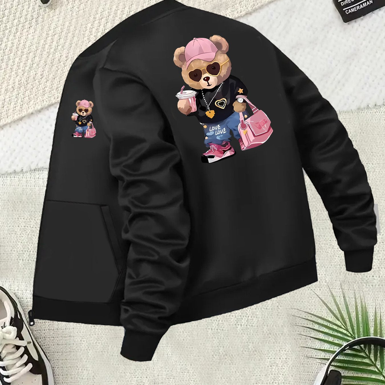 Women's Plus Size Casual Polyester Jacket with Cartoon Bear Print Long Sleeve Zippered Coat