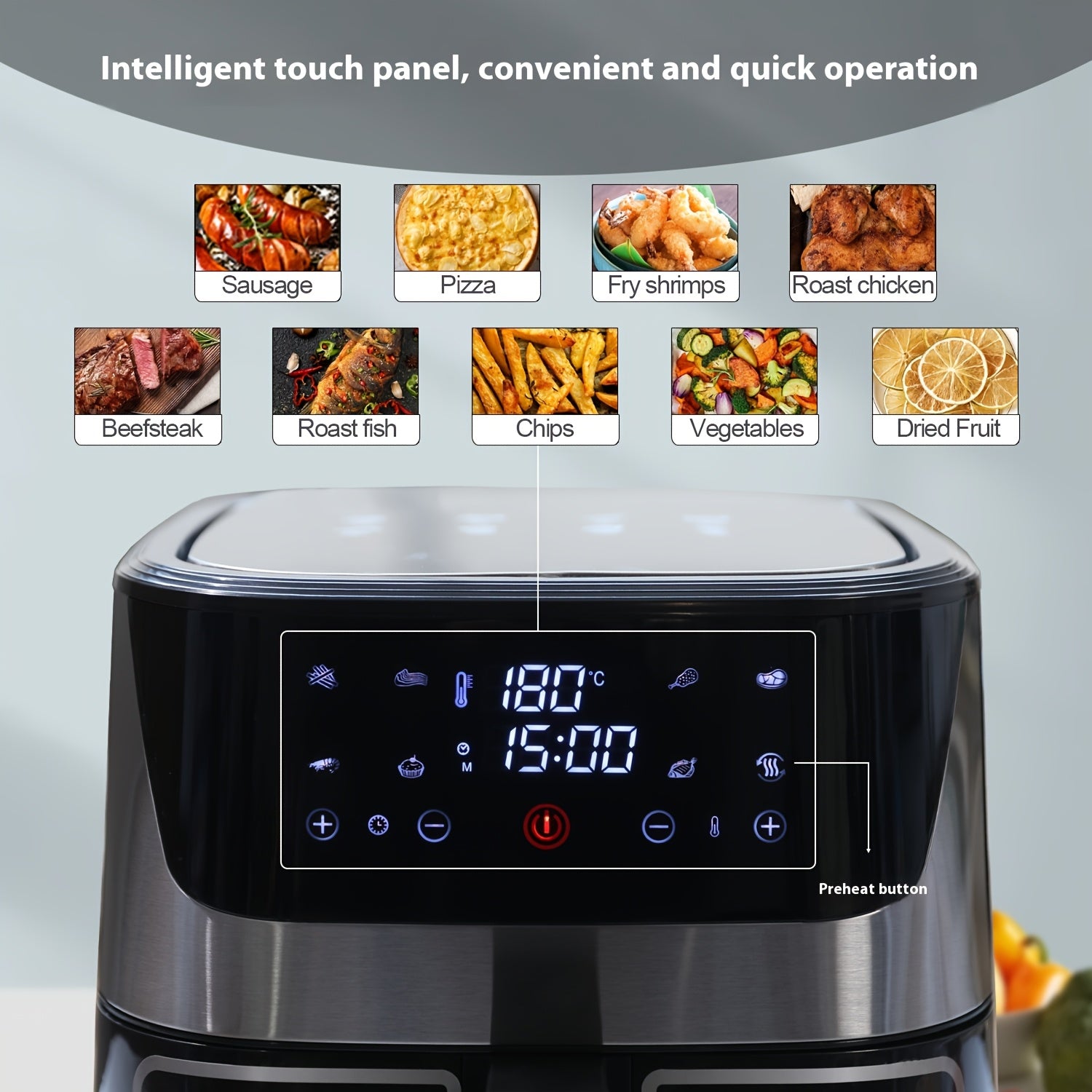 12L Touch Air Fryer raqamli boshqaruvli oldindan sozlamalar bilan, Fransuz kartoshkasi, tovuq, go‘sht, baliq uchun