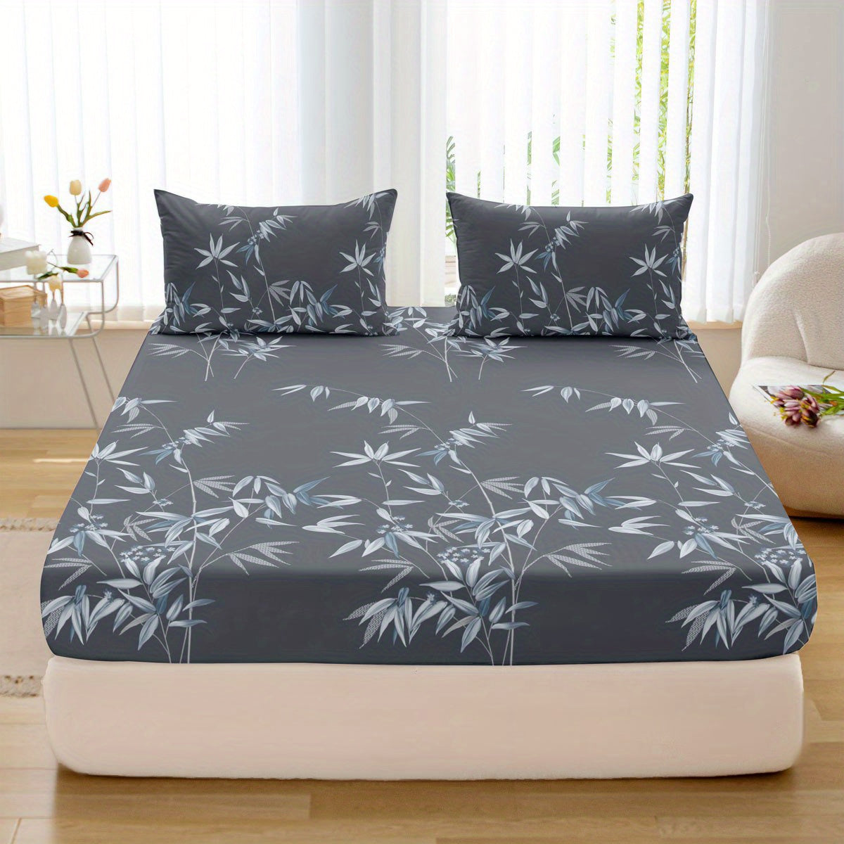 Set of 3 Plant Printed Fitted Sheets Bedding Set Breathable Soft for Bedroom and Guest Room