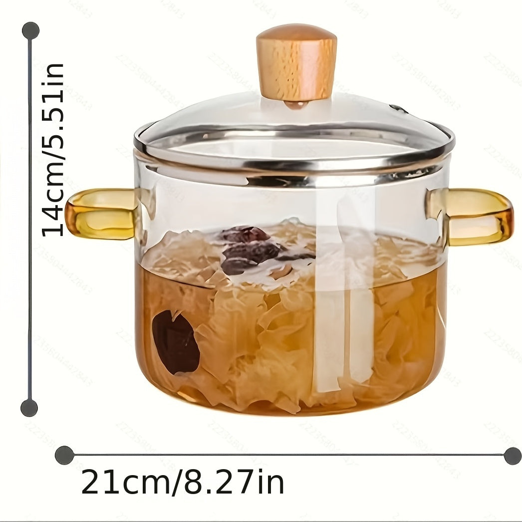 Borosilikat shisha sho‘rva qozoni 1.5L Sariq tutqichli, yuqori haroratga chidamli, qopqog‘ bilan