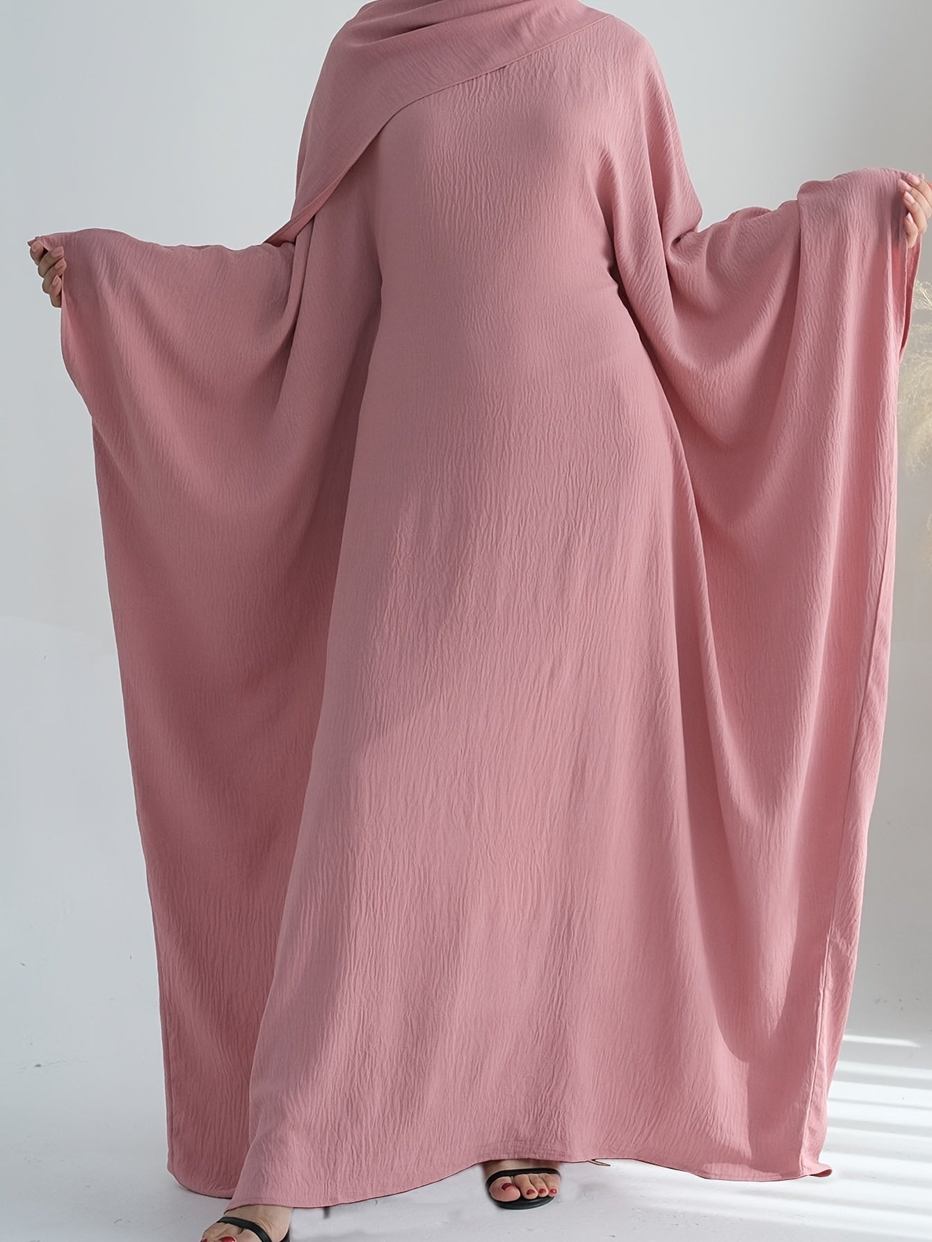 Plus Size Women Abaya Olive Green Polyester Batwing Ruffled Sleeve Dress