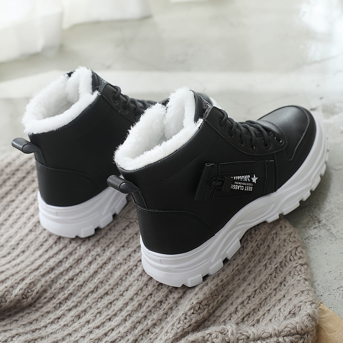 Women's Black and White Winter Slip-On Boots with Plush Lining