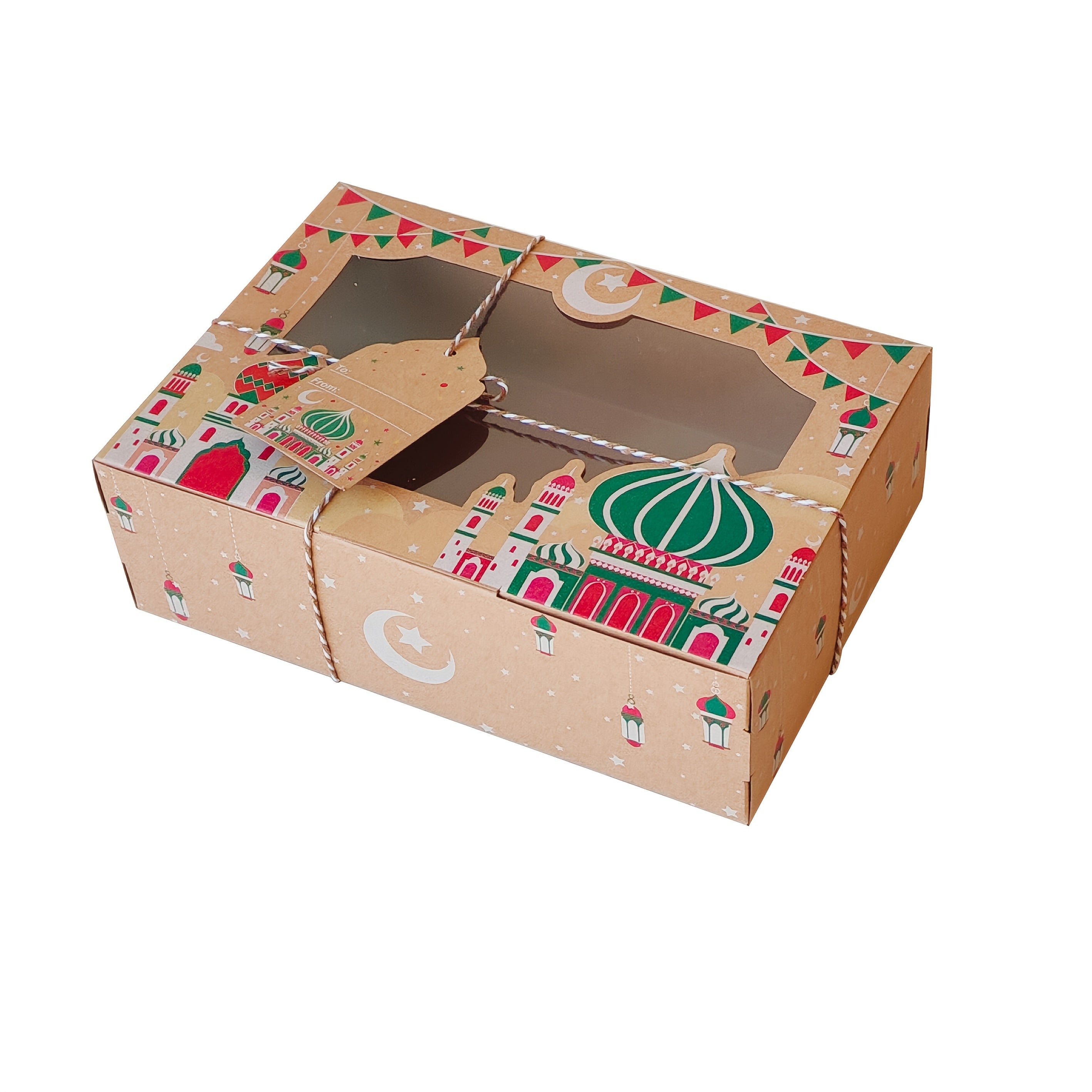 Eid Kraft Paper Gift Boxes with Islamic Designs and View Window for Ramadan Candy Packaging Set of 24