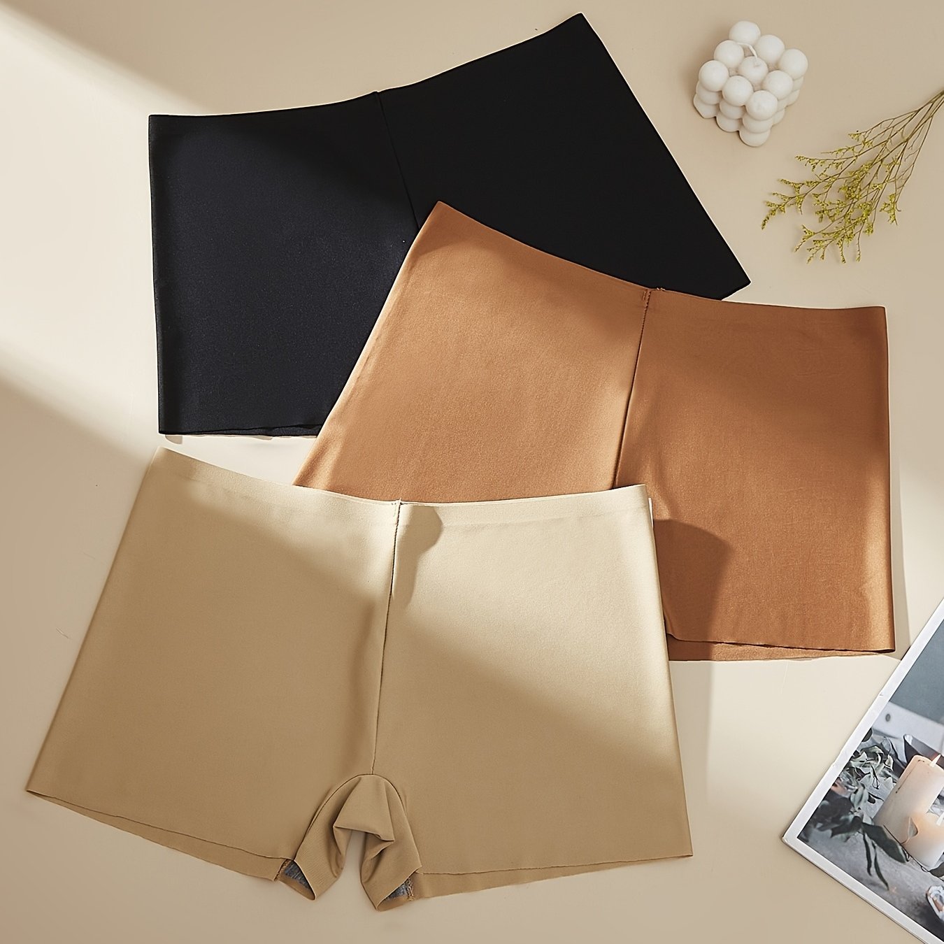 Women's Boyshort Underwear Pack of 3 Seamless Soft No-Show Mid Rise Solid Color Polyester Elastane