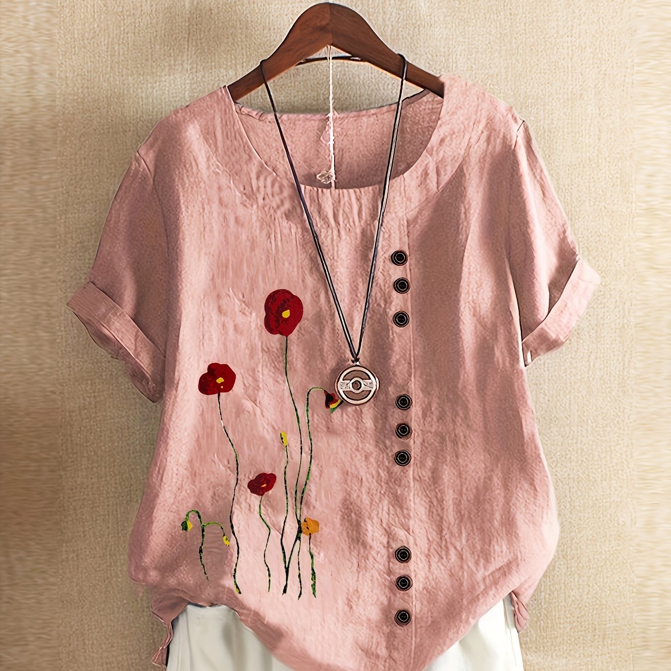 Plus Size Floral Print Blouse Soft Polyester Blend Short Sleeve Casual Top for Women