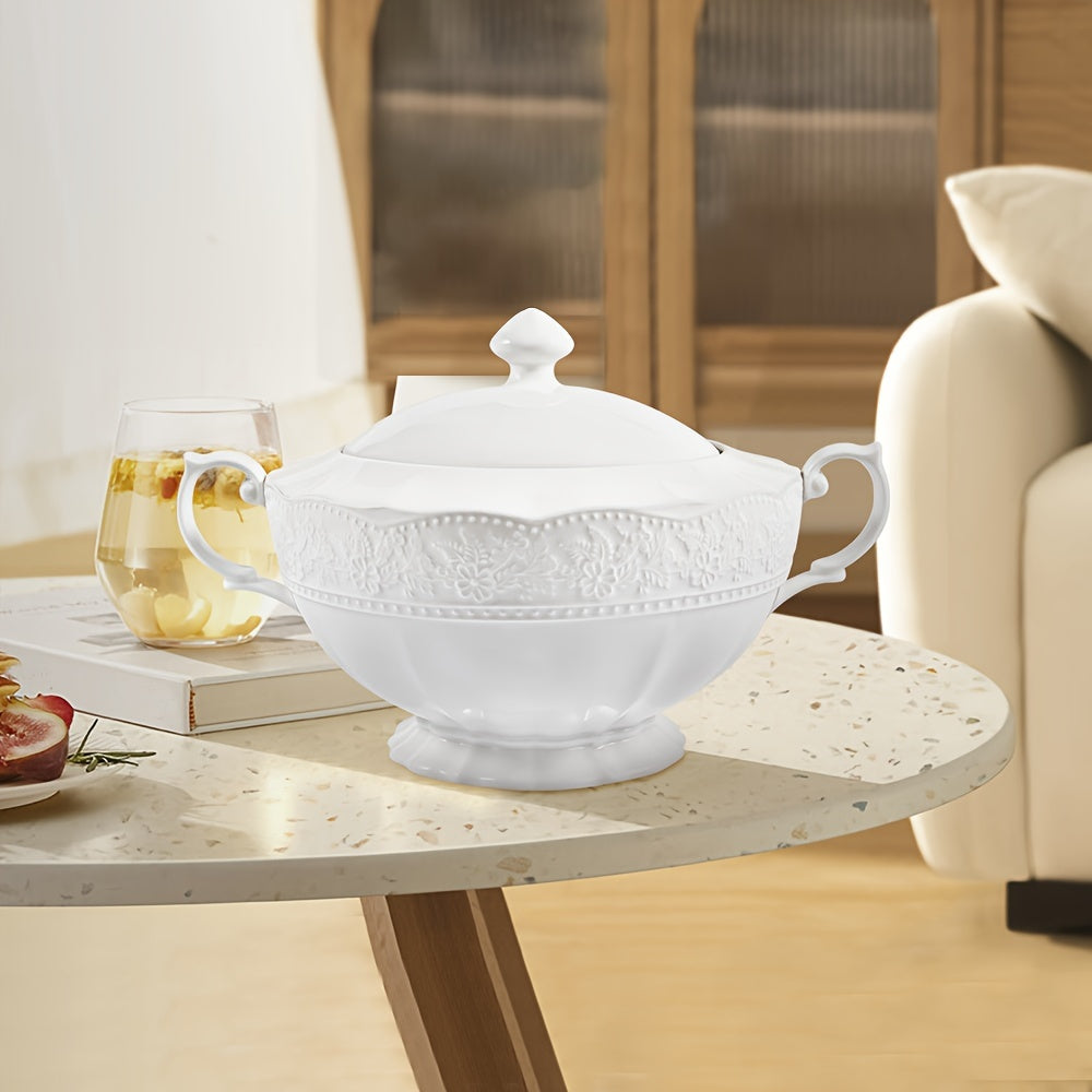 White Ceramic Soup Tureen with Lid and Handle for Home and Restaurant Use