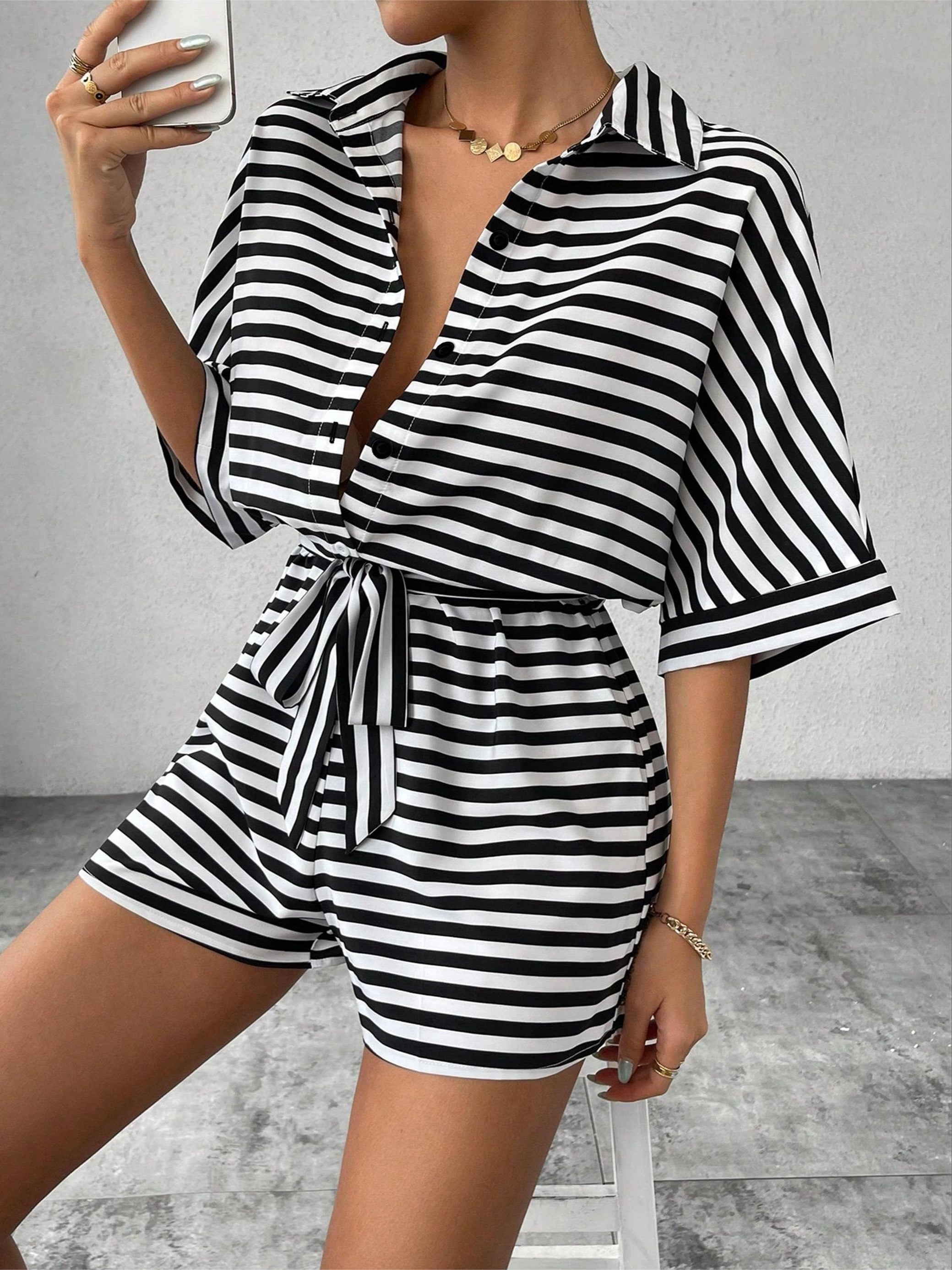 Women's Striped Button Front Romper Jumpsuit with Belt Short Sleeve Spring Summer