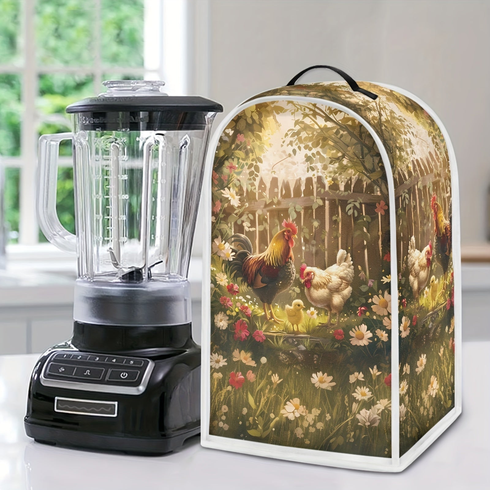 Foldable Kitchen Appliance Cover with Top Handle Daisy Rooster Pattern Small Food Processor Protector